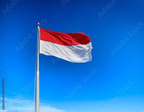 The flag of the Republic of Indonesia flying proudly on a flagpole with a clear sky in the background