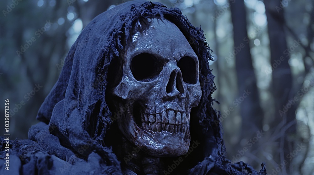 Spooky skull with a hood in the forest. Halloween scary creepy concept Spooky skull with a hood in the forest. Halloween scary creepy concept
