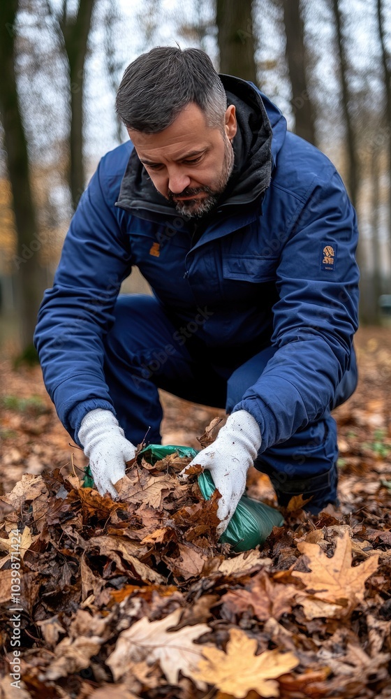A man in blue pants and gloves is collecting leaves into large bags for spring garden cleaning in a bright backyard setting A man in blue pants and gloves is collecting leaves into large bags for spring garden cleaning in a bright backyard setting