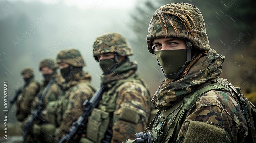 A group of soldiers in camouflage uniforms stand in a line, looking serious and focused. The soldier in the front is looking directly at the camera. A group of soldiers in camouflage uniforms stand in a line, looking serious and focused. The soldier in the front is looking directly at the camera.