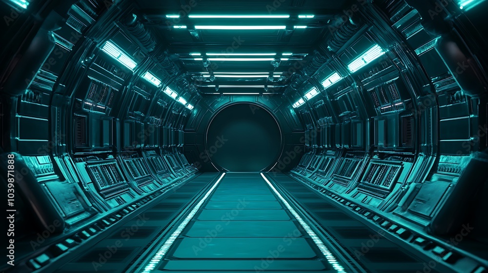 Fototapeta premium Futuristic Spaceship Corridor with Teal Lighting
