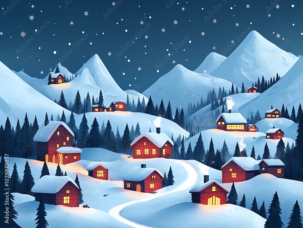A snowy mountain village with wooden houses and winding road at night, illuminated by warm lights under a starry sky. A snowy mountain village with wooden houses and winding road at night, illuminated by warm lights under a starry sky.