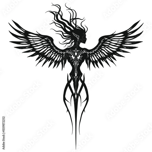 Winged Female Warrior Silhouette Fantasy Vector Art