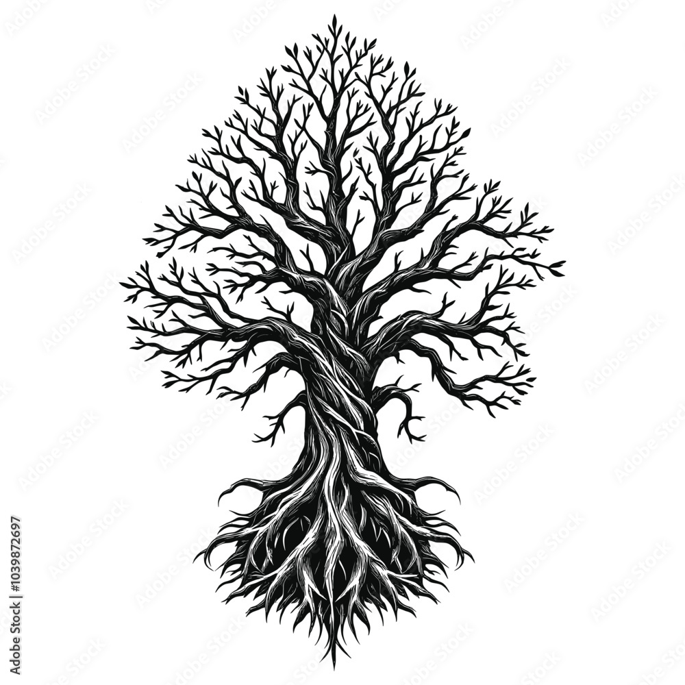 Obraz premium Twisted Tree with Roots Intricate Nature Vector Illustration