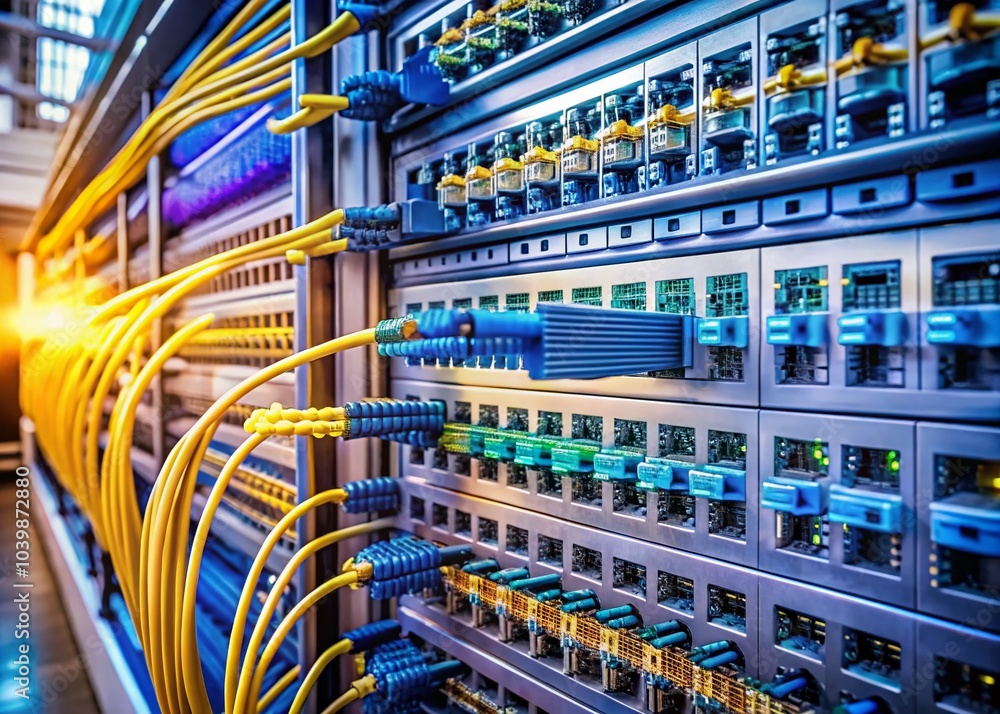 Close-Up of Fiber Optic Cables in Server Room with Ethernet Connections in Data Center for Networking Technology Close-Up of Fiber Optic Cables in Server Room with Ethernet Connections in Data Center for Networking Technology