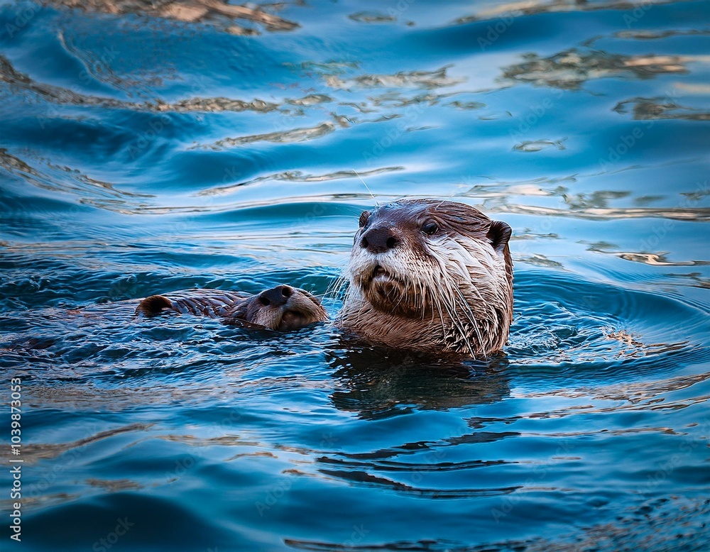 Obraz premium varias nutrias flotando en el mar, realista