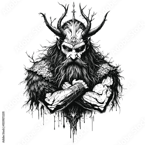 Dark Horned Warrior Mythical Fantasy Intricate Vector Art Illustration