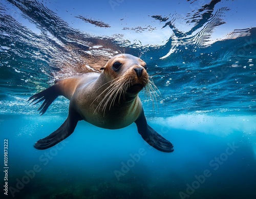 un león marino flotando en el mar