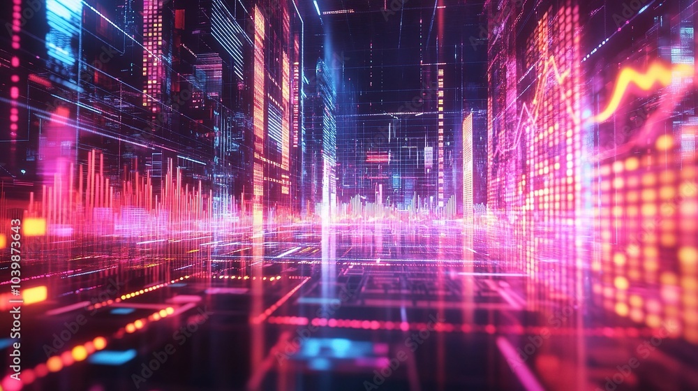 Fototapeta premium Futuristic Digital Cityscape with Neon Lights