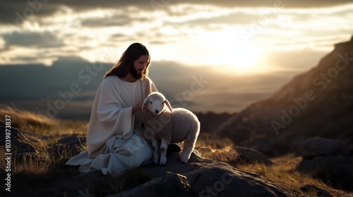 a man dress up as Jesus Christ holding a white lamb with smile at grass hill