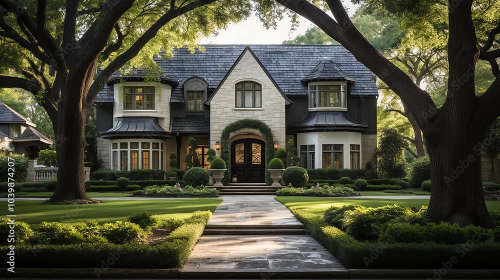 A stately two-story home with a black roof, stone facade, and a long walkway leading to the front door. The home is surrounded by lush greenery and tall trees. A stately two-story home with a black roof, stone facade, and a long walkway leading to the front door. The home is surrounded by lush greenery and tall trees.