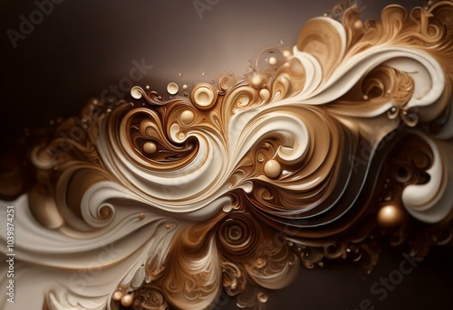 Swirling abstract pattern of brown and cream liquid with bubbles.