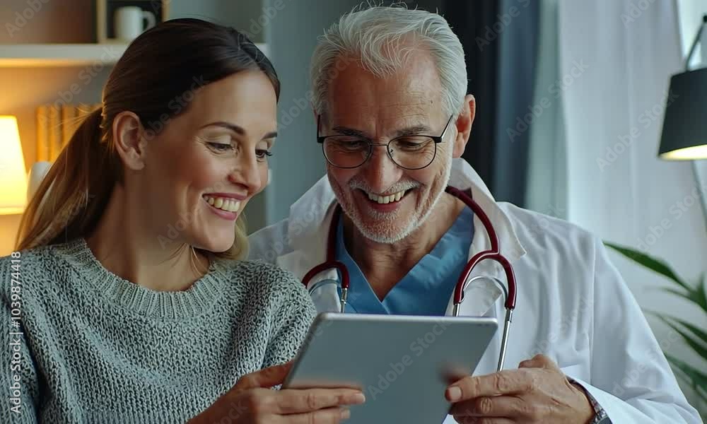 A doctor shows a female patient something on a tablet computer while smiling. A doctor shows a female patient something on a tablet computer while smiling.