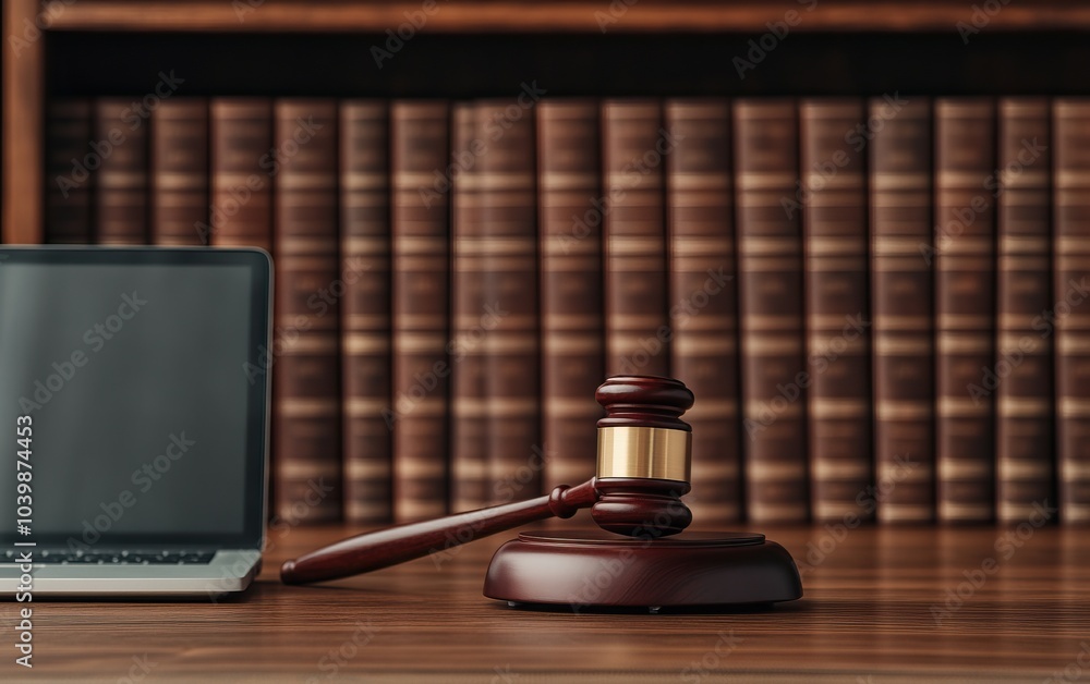 Gavel and laptop on a wooden desk, law and justice concepts, isolated background. Gavel and laptop on a wooden desk, law and justice concepts, isolated background.
