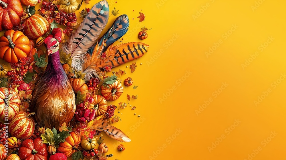 Naklejka premium Vibrant Autumn Harvest A Celebration of Thanksgiving with Turkeys Pumpkins and Colorful Fall Foliage