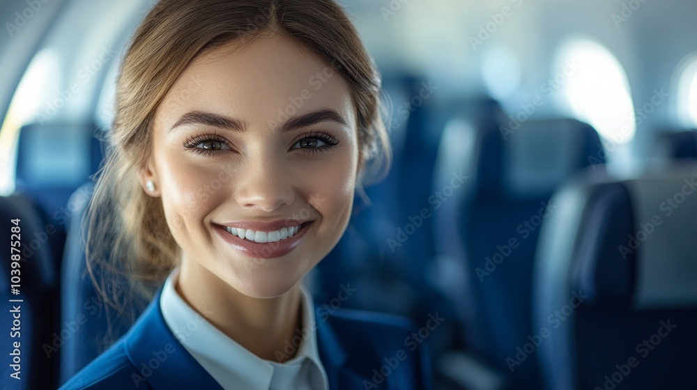 Fototapeta premium A smiling woman in a blue suit is sitting in an airplane