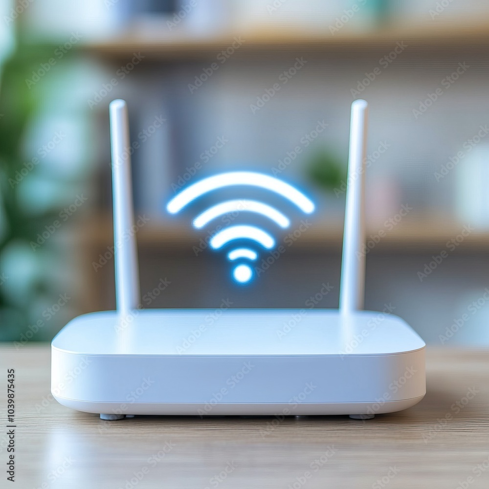 Modern Wi-Fi router with signal icon, perfect for tech-related themes, networking, and home connectivity. Modern Wi-Fi router with signal icon, perfect for tech-related themes, networking, and home connectivity.