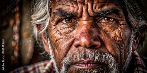 Close-Up Portrait of an Elderly Indigenous Man with Expressive Eyes and Weathered Skin for Authentic Cultural