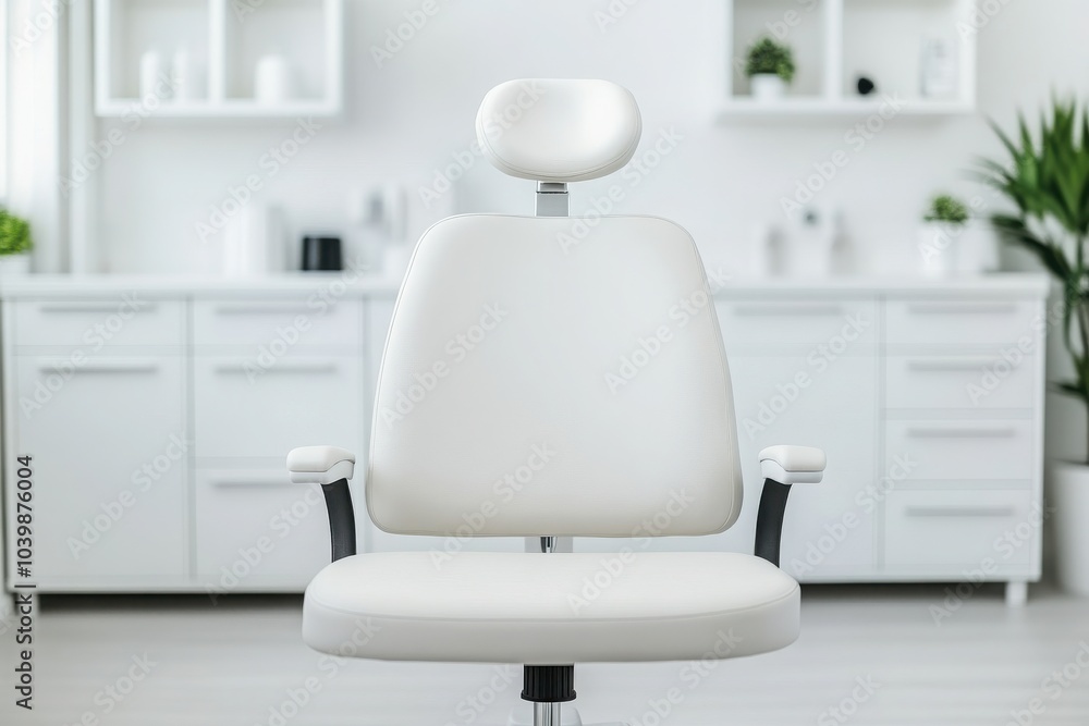 A modern, sleek white chair in a bright and minimalist room, ideal for dental or medical settings. A modern, sleek white chair in a bright and minimalist room, ideal for dental or medical settings.