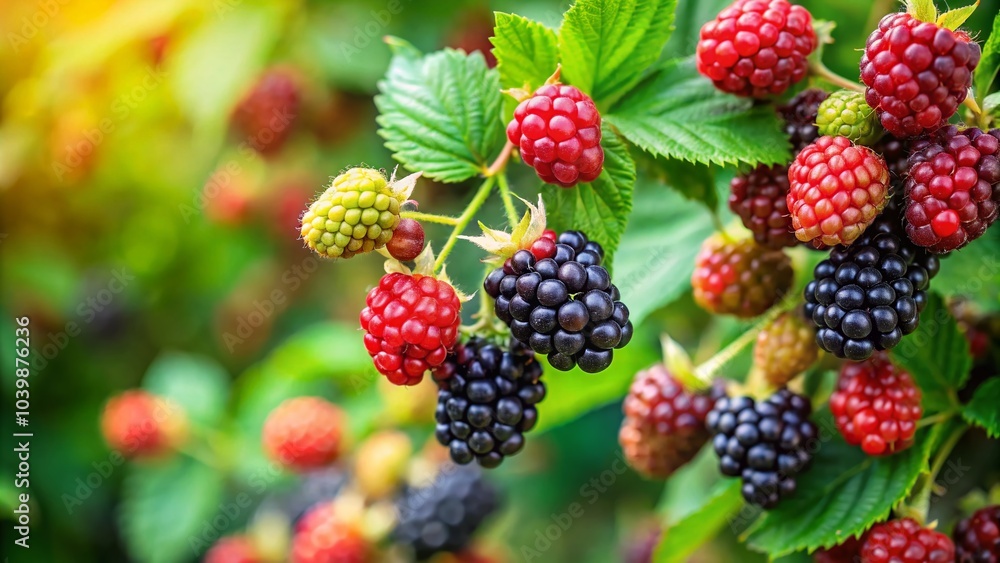 Close-Up Tilt-Shift Photography of Ripe and Unripe Blackberries on Bush with Selective Focus for Berry Background Close-Up Tilt-Shift Photography of Ripe and Unripe Blackberries on Bush with Selective Focus for Berry Background