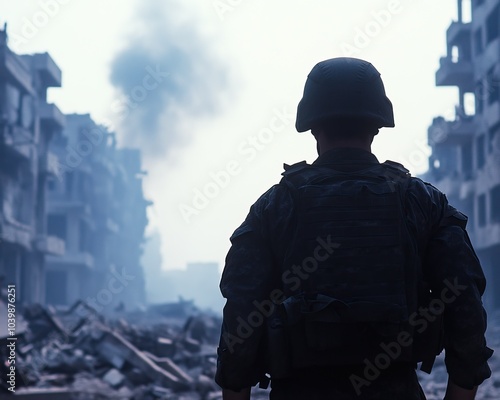 Soldier stands amidst destruction, symbolizing resilience in the face of adversity.