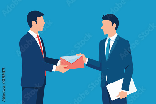 Business man giving financial reward in an envelope, business letter extra salary to company employee, male worker office hand received premium bonus, getting cheque from boss