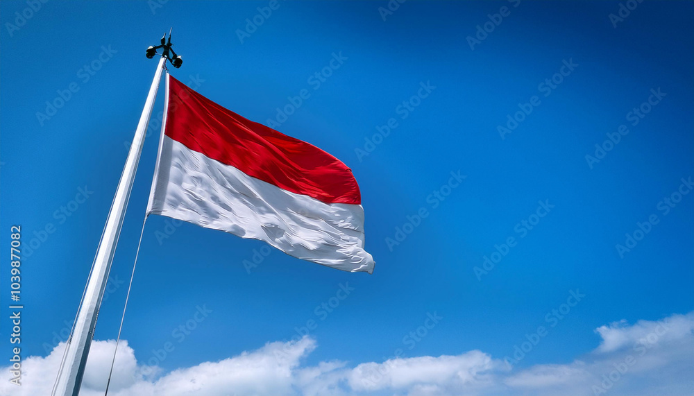The flag of the Republic of Indonesia flying proudly on a flagpole with a clear sky in the background The flag of the Republic of Indonesia flying proudly on a flagpole with a clear sky in the background
