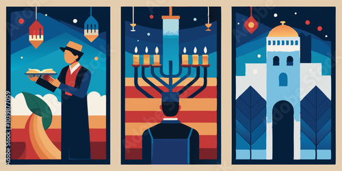 Hanukkah celebration abstract: menorah, prayer, and synagogue scenery