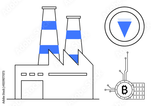 Factory with two striped chimneys and crypto coin symbols. Coins have a Bitcoin symbol and a triangular symbol. Ideal for blockchain, cryptocurrency, industrial tech, digital economy, fintech. Simple