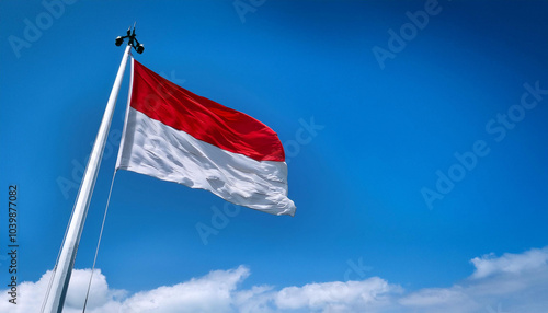 The flag of the Republic of Indonesia flying proudly on a flagpole with a clear sky in the background