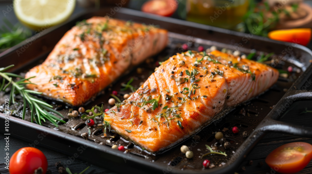 Freshly cooked seasoned salmon fillets in an air fryer Freshly cooked seasoned salmon fillets in an air fryer