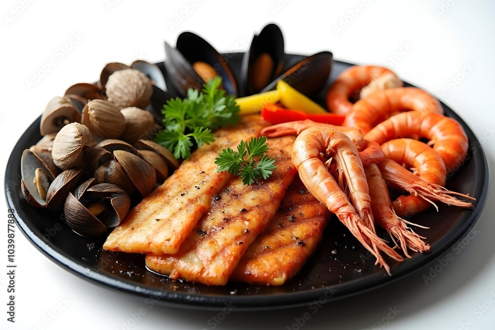 Seafood grilled on plate isolated on white background Seafood grilled on plate isolated on white background