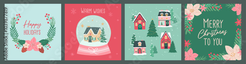 Collection of Winter Christmas house village snow globe poster vector illustration template layout