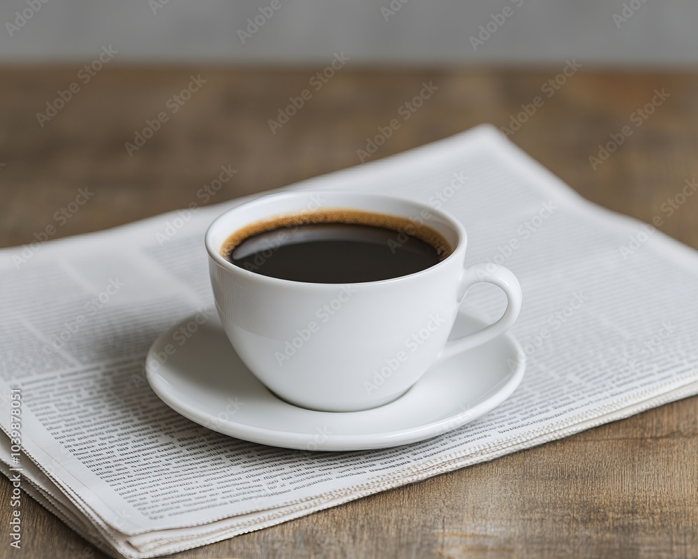A cup of black coffee on a wooden table next to an open newspaper, inviting relaxation and contemplation.