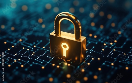 A golden padlock with a glowing keyhole symbol set against a digital background, symbolizing cybersecurity. photo