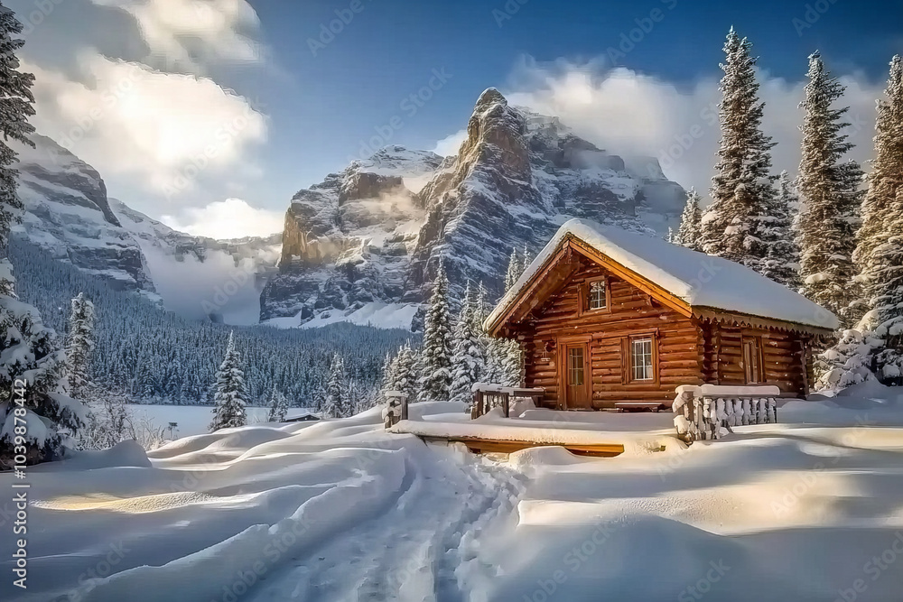 Fototapeta premium Stunning Winter Wonderland Mountain Log Cabin Surrounded by Snowy Trees and Majestic Landscape in a Peaceful Remote Forest
