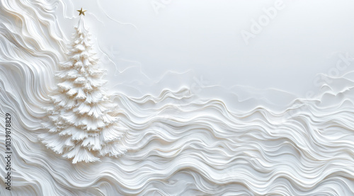 Fototapeta Naklejka Na Ścianę i Meble -  White liquid Christmas tree on a volumetric wavy background.