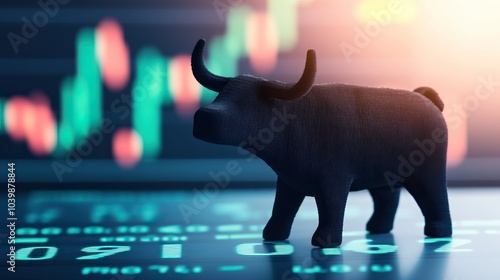 Bull figurine on a stock market background, symbolizing financial growth and optimism. photo