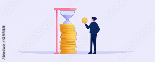 Businessman analyzing time management with coins in front of an hourglass. photo