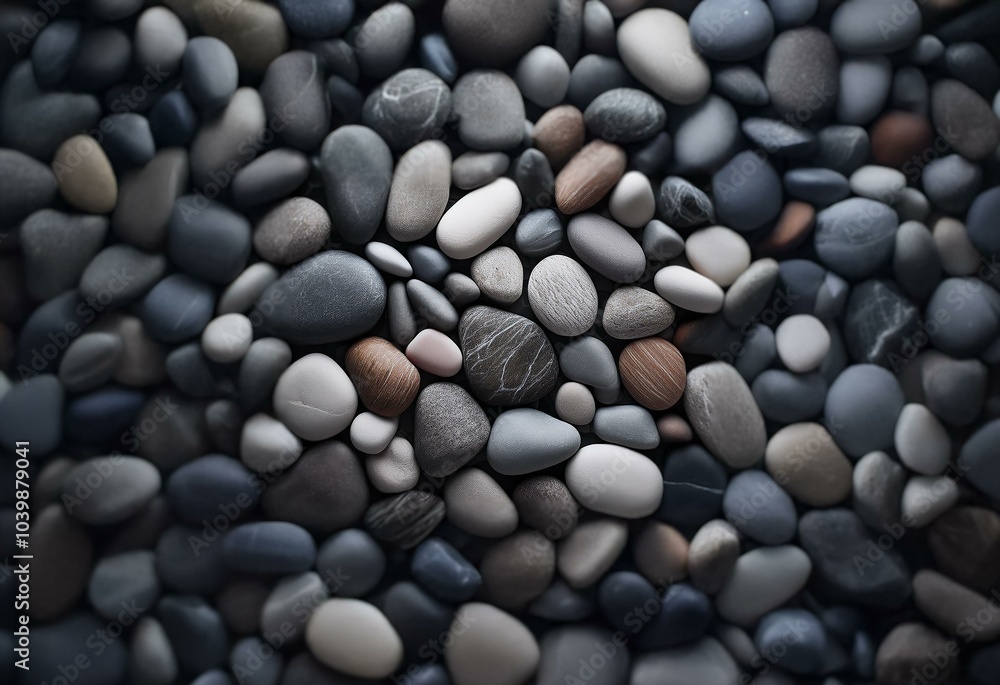 A close-up view of a collection of smooth, rounded river rocks in various shades of grey, white, and brown. A close-up view of a collection of smooth, rounded river rocks in various shades of grey, white, and brown.