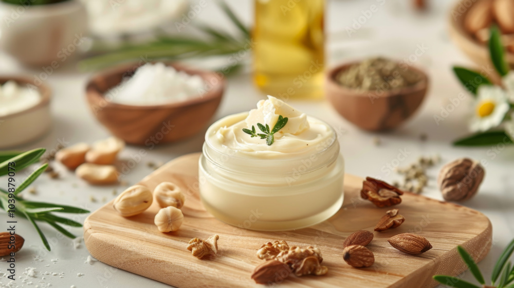 Skincare Cream in Glass Jar with Nuts and Fresh Herbs Skincare Cream in Glass Jar with Nuts and Fresh Herbs