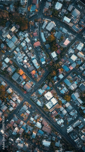 Aerial view of dense japanese suburb with winding roads and houses