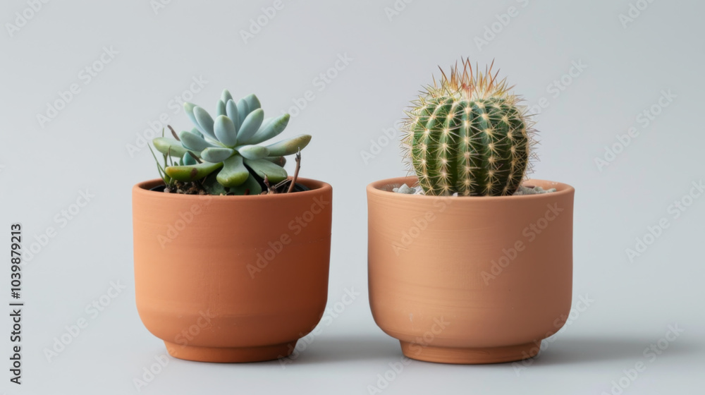 Succulent and cactus in minimalist terracotta pots on neutral background Succulent and cactus in minimalist terracotta pots on neutral background