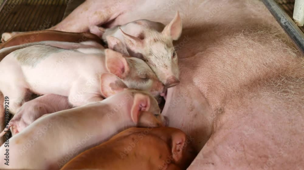 Suckling piglets suckling a sow farm, Small piglet drinking milk from breast pig in the farm Suckling piglets suckling a sow farm, Small piglet drinking milk from breast pig in the farm