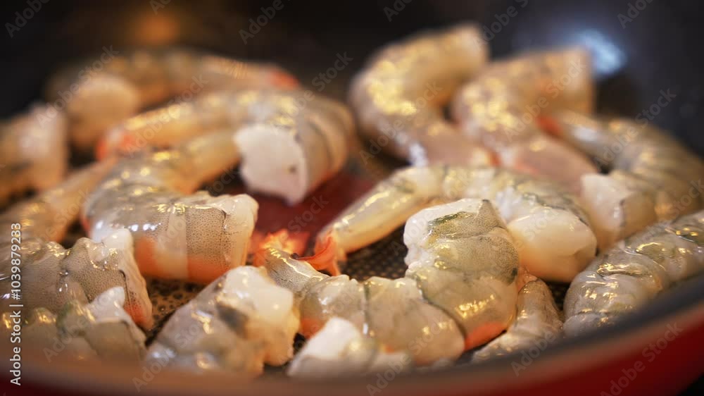 Close-up of raw peeled shrimps frying in a black pan on electric stove Close-up of raw peeled shrimps frying in a black pan on electric stove
