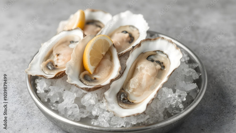 Fresh Oysters on ice close-up. Open French oysters on a gray table. Fresh Oysters on ice close-up. Open French oysters on a gray table.