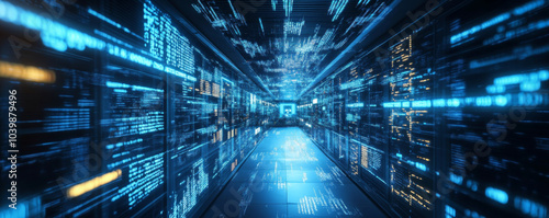 Abstract Digital Data Flow with Bright Lights and Binary Code