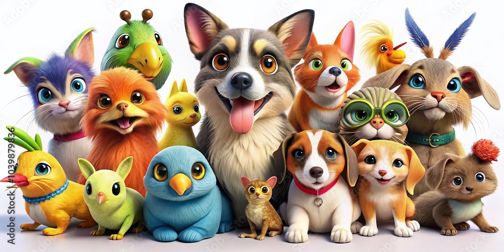 Naklejka premium Colorful 3D Cartoon Pets with Smiling Faces Isolated on White Background for Fun and Playful Imagery