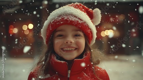 young girl wearing red cap smiling at town during snowfall