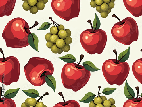 Vector pattern of red apples, leaves, green grape berries on white background. Print for clothes, textile, paper, fruit juice packaging. Isolated fashionable design. Cartoon mockup with fabric drawing